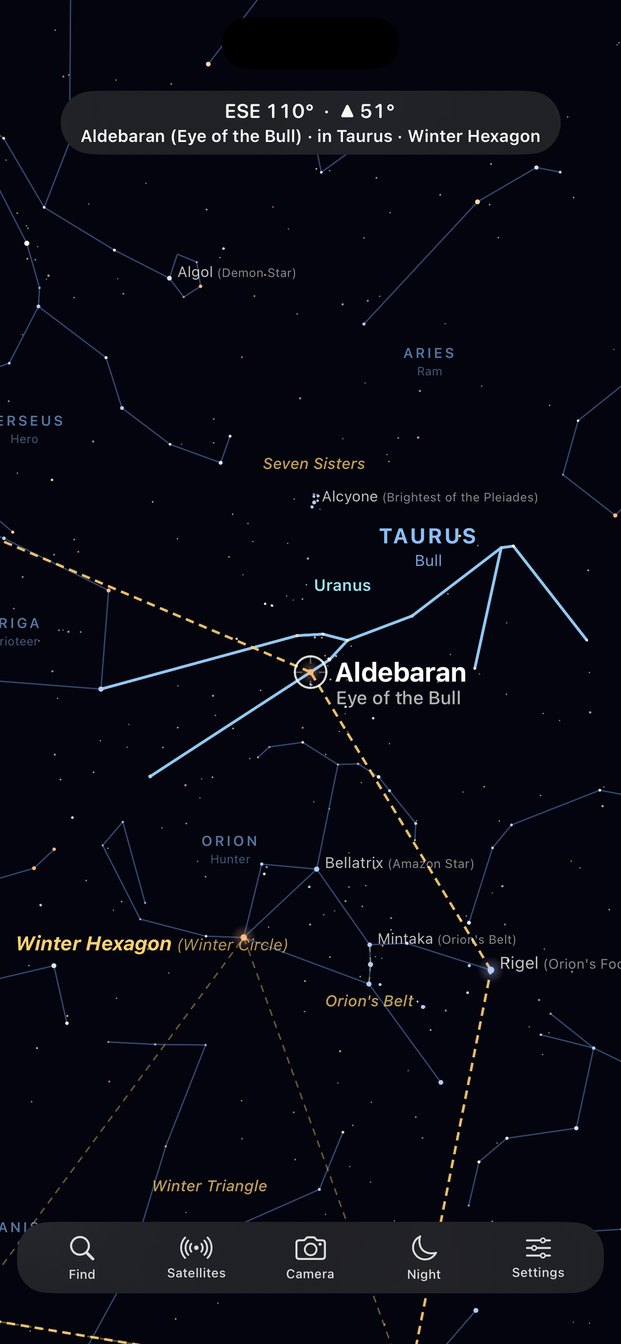 StarGazer Terrestrial showing Taurus with Aldebaran highlighted, plus Orion and the Seven Sisters