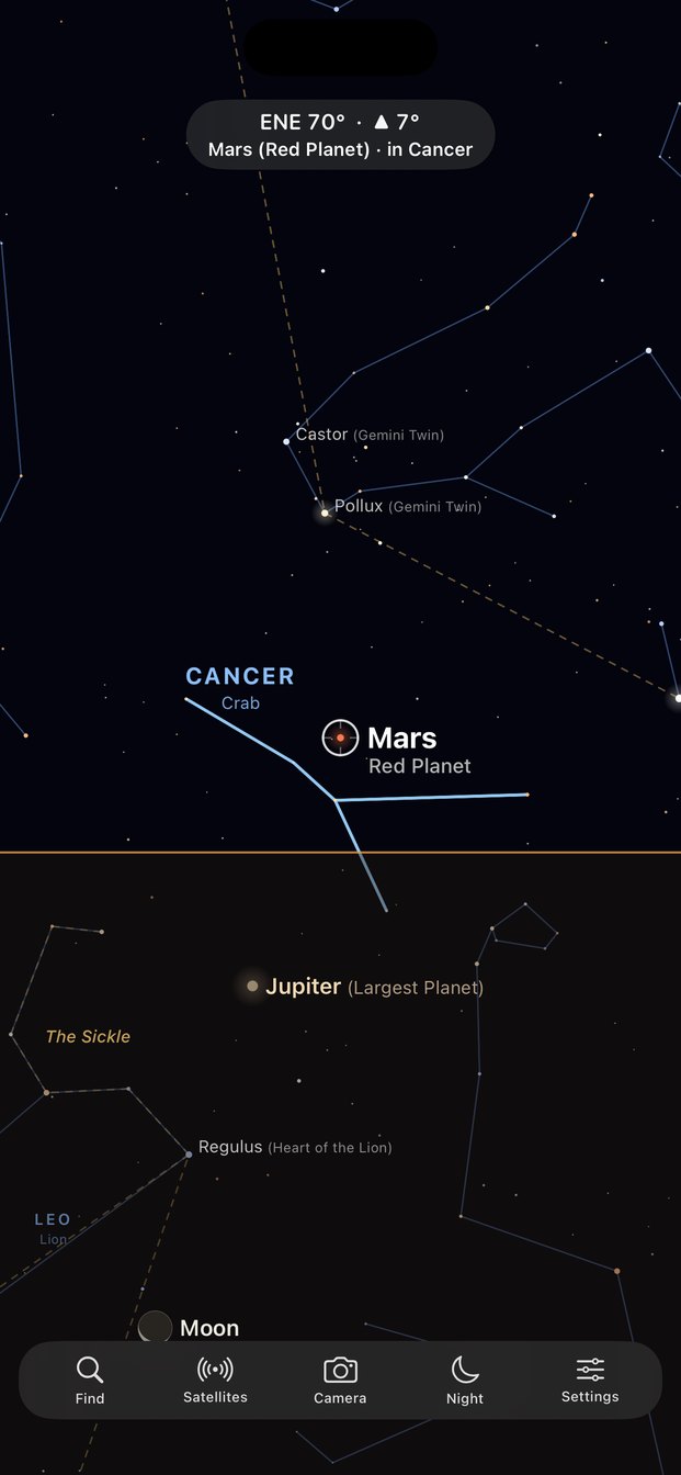 StarGazer Terrestrial showing Mars, with Jupiter and the Moon below the horizon