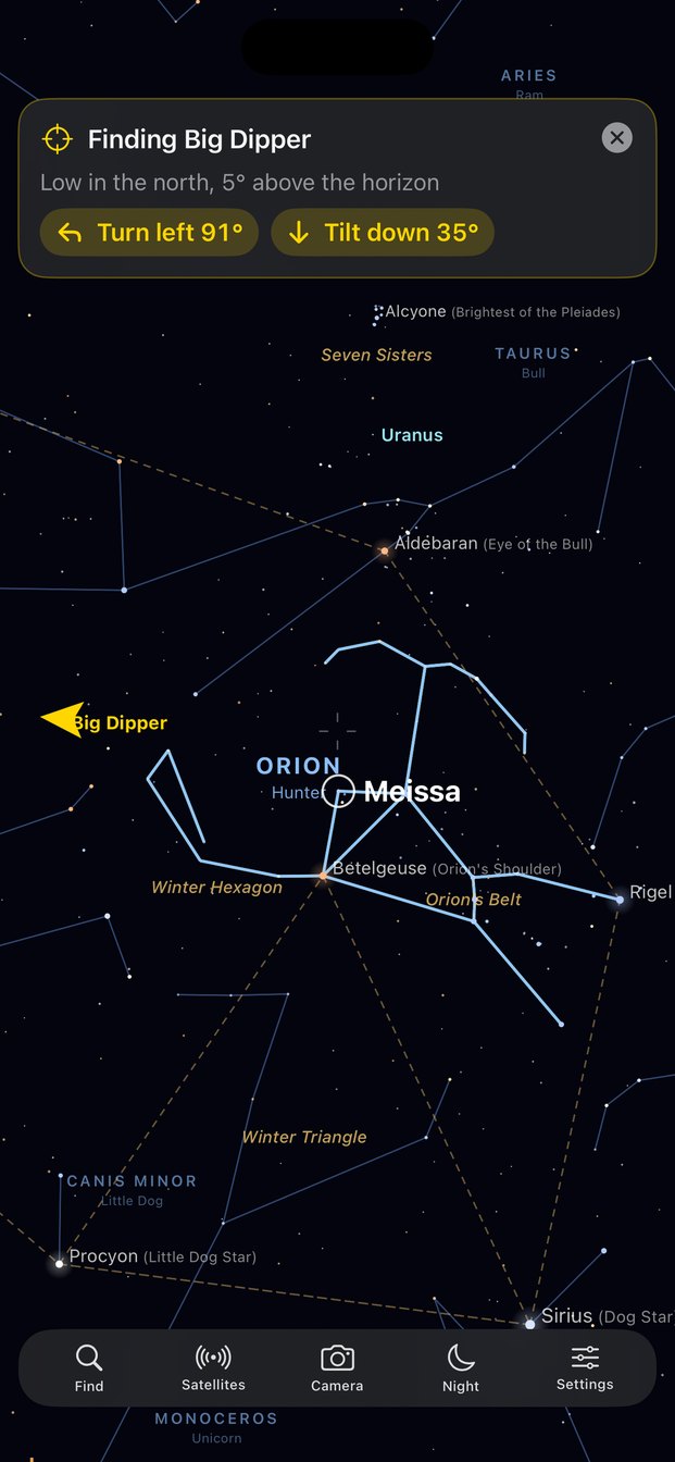 StarGazer Terrestrial guiding the user toward the Big Dipper with turn and tilt directions