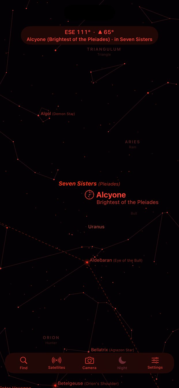 StarGazer Terrestrial in red night-vision mode showing the Seven Sisters