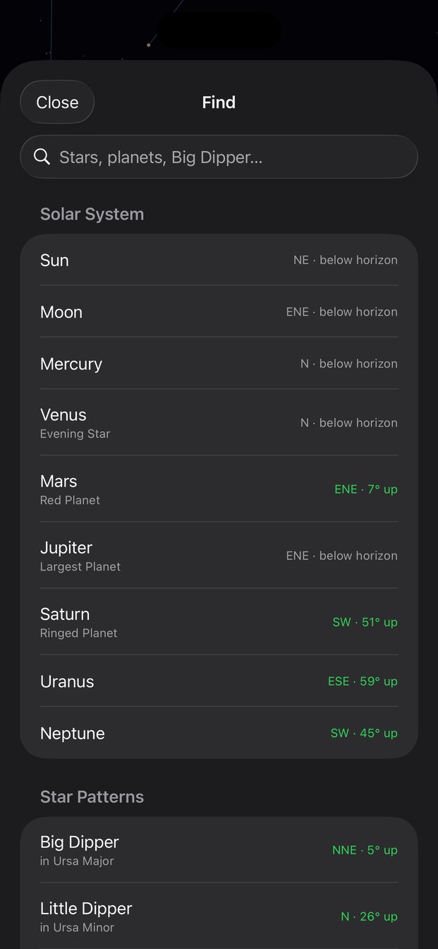 StarGazer Terrestrial search list of planets and star patterns with their current positions